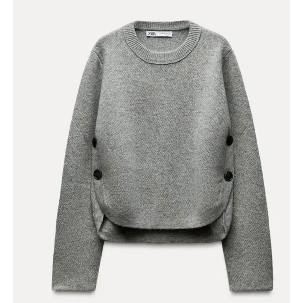 Zara Womens Heather Grey Side Button High-Low Knit Pullover Sweater Size L